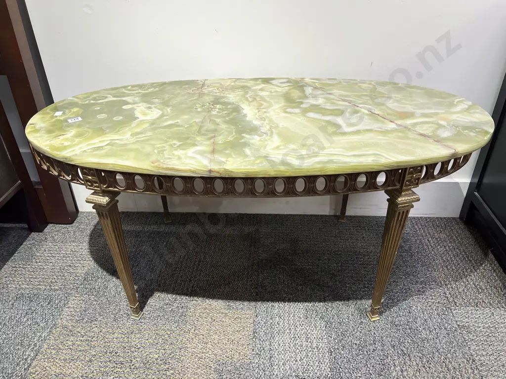 French Style Oval Onyx Top Brass Coffee Table Image 1++