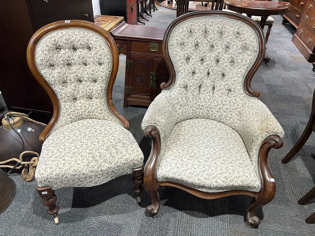 Pair Of Victorian Grandmother and Grandfather Chairs Image 1++