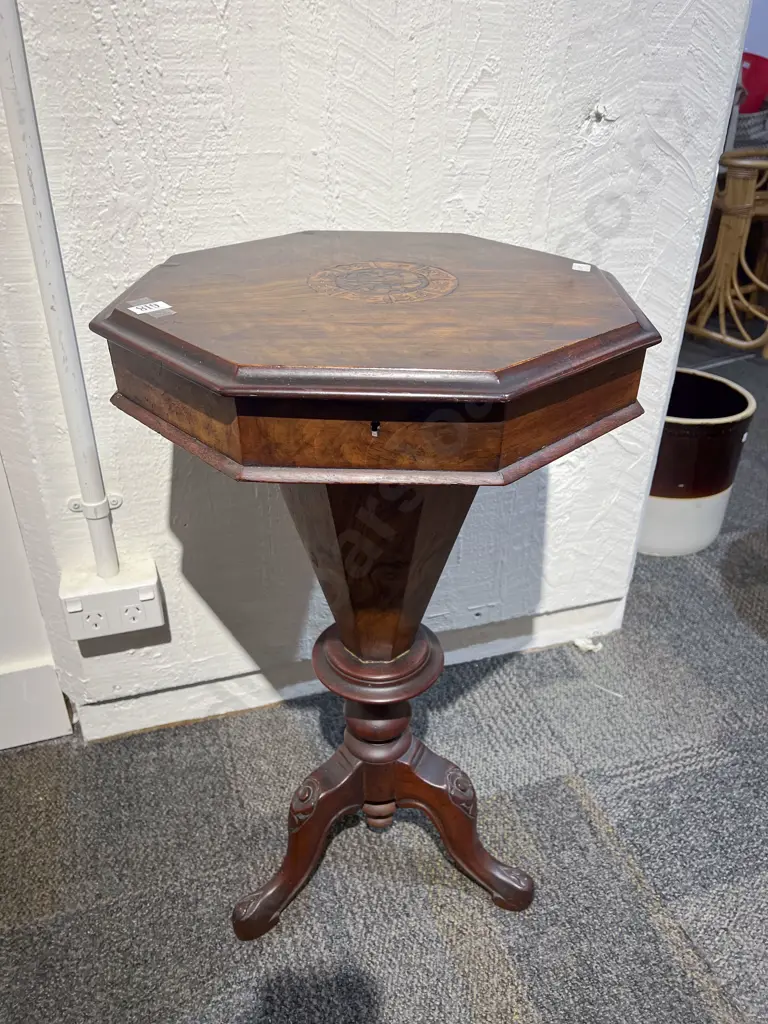 Vict Walnut Octagonal Sewing Table On Tripod Base Image 1++