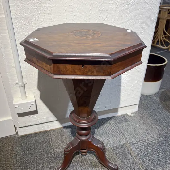 Vict Walnut Octagonal Sewing Table On Tripod Base