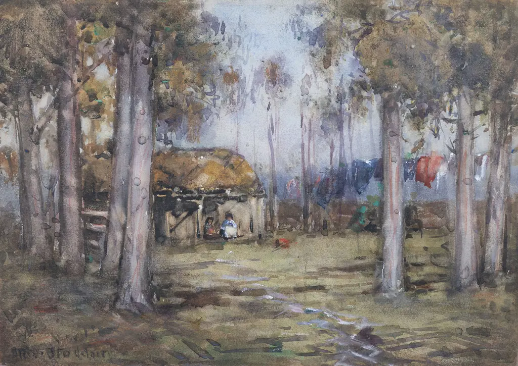 Margaret Olrog Stoddart (1865 - 1934) - Bush Scene with Whare and Figures Image 1++