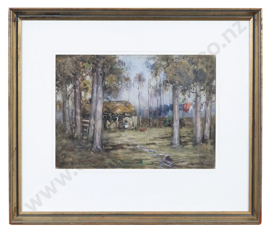 Margaret Olrog Stoddart (1865 - 1934) - Bush Scene with Whare and Figures Image 1++