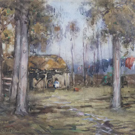 Margaret Olrog Stoddart (1865 - 1934) - Bush Scene with Whare and Figures