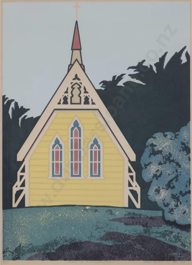 Robin White (b 1946) - Church on a Hill - Pauatahanui Image 1++