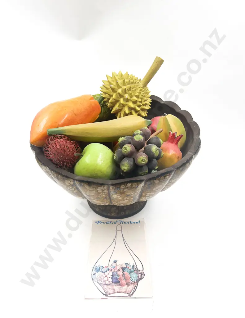 Indian Pedestal Fruit Bowl with Assorted Faux Fruit Image 1++