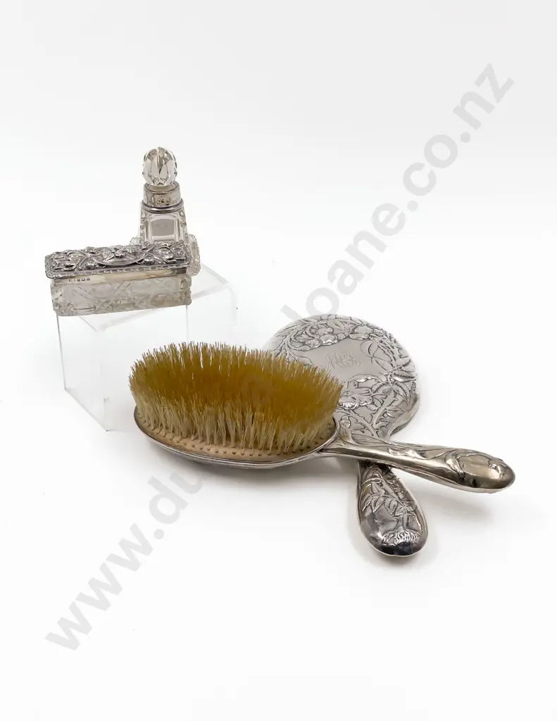 S/S Vanity Mirror and Brush Together With S/S Rimmed Scent Bottle and S/S Topped Vanity Jar Image 1++