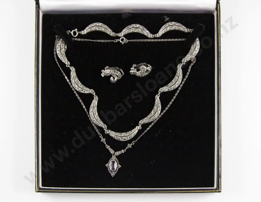 .925 Silver Amethyst and Marcasite Necklace with marcasite necklace and earring set Image 1++