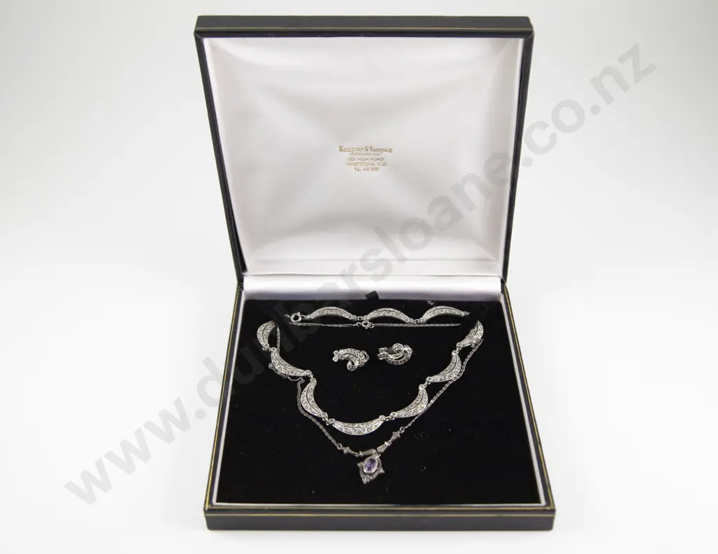 .925 Silver Amethyst and Marcasite Necklace with marcasite necklace and earring set Image 1++