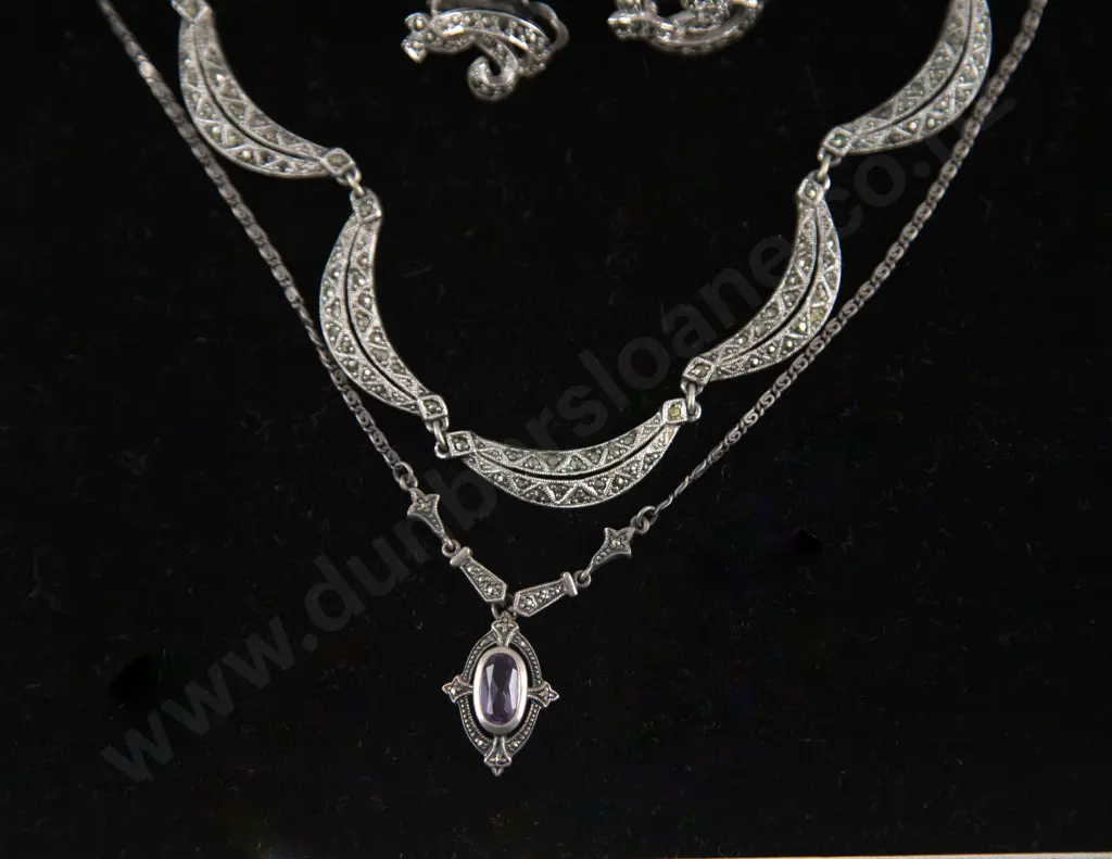 .925 Silver Amethyst and Marcasite Necklace with marcasite necklace and earring set Image 1++