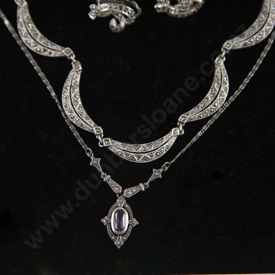 .925 Silver Amethyst and Marcasite Necklace with marcasite necklace and earring set