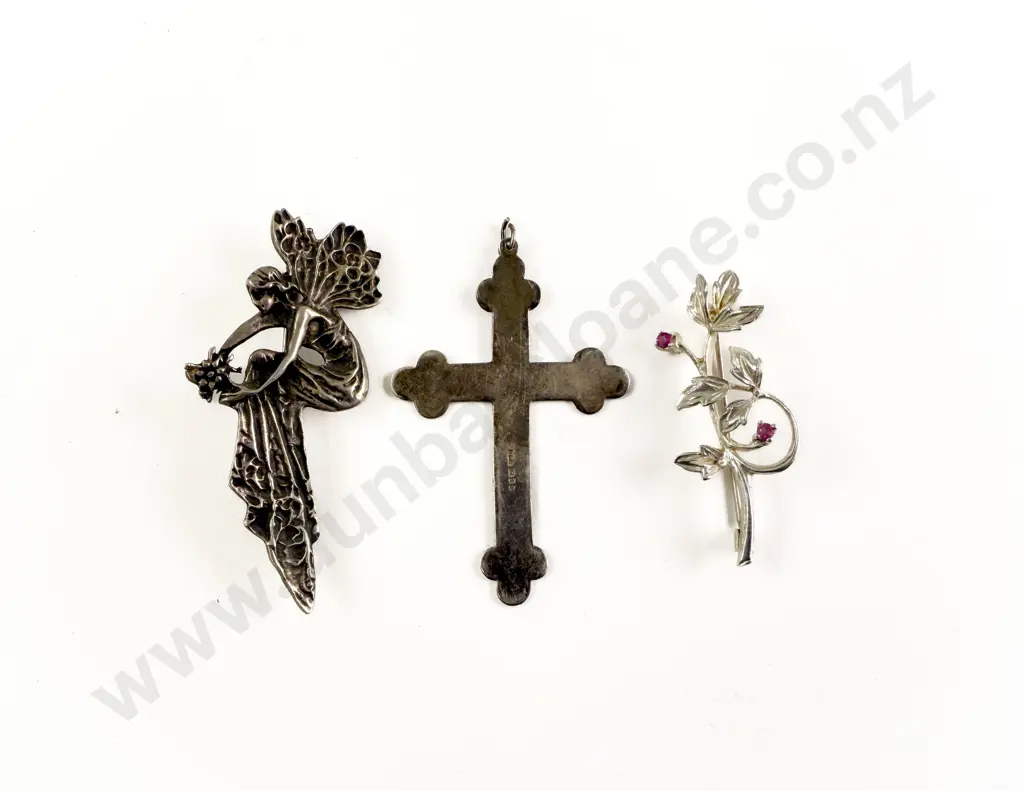 .925 Silver Fairy Brooch with Flower Brooch and Cross Image 1++