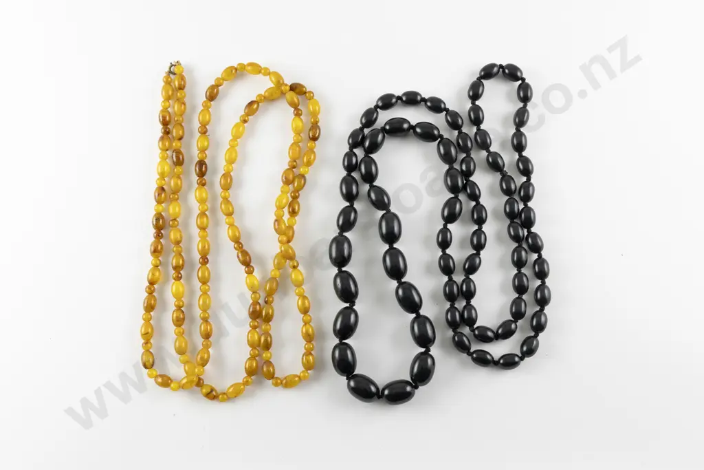 Edwardian Single Strand Graduated Vulcanite Bead Necklace and Amber Necklace Image 1++