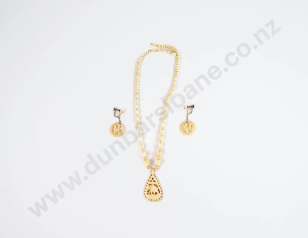 Carved Bone Necklace with Pair of Earrings Image 1++