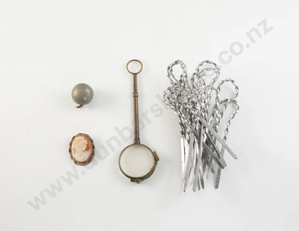 9ct Framed Cameo Brooch with Metal Twisted Pins Lorgnettes and Crown Coin Fob Image 1++