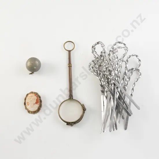 9ct Framed Cameo Brooch with Metal Twisted Pins Lorgnettes and Crown Coin Fob