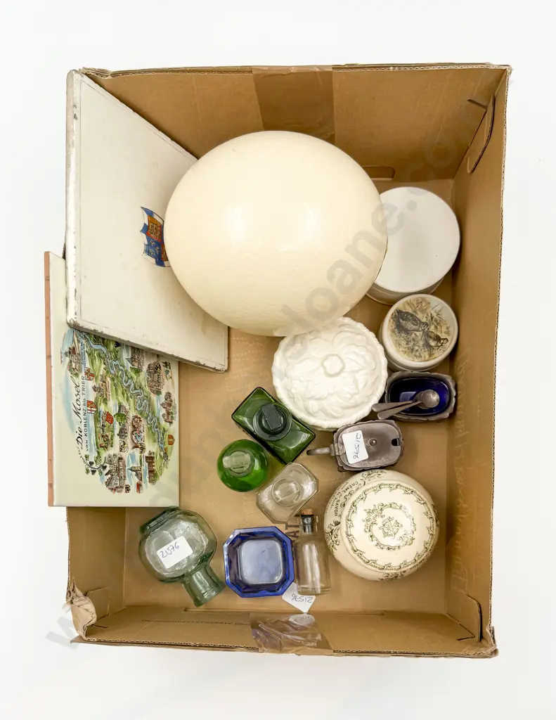 Box Qty of Assorted Vintage Including Ostrich Egg with Ointment Jar and Assorted Glassware Image 1++