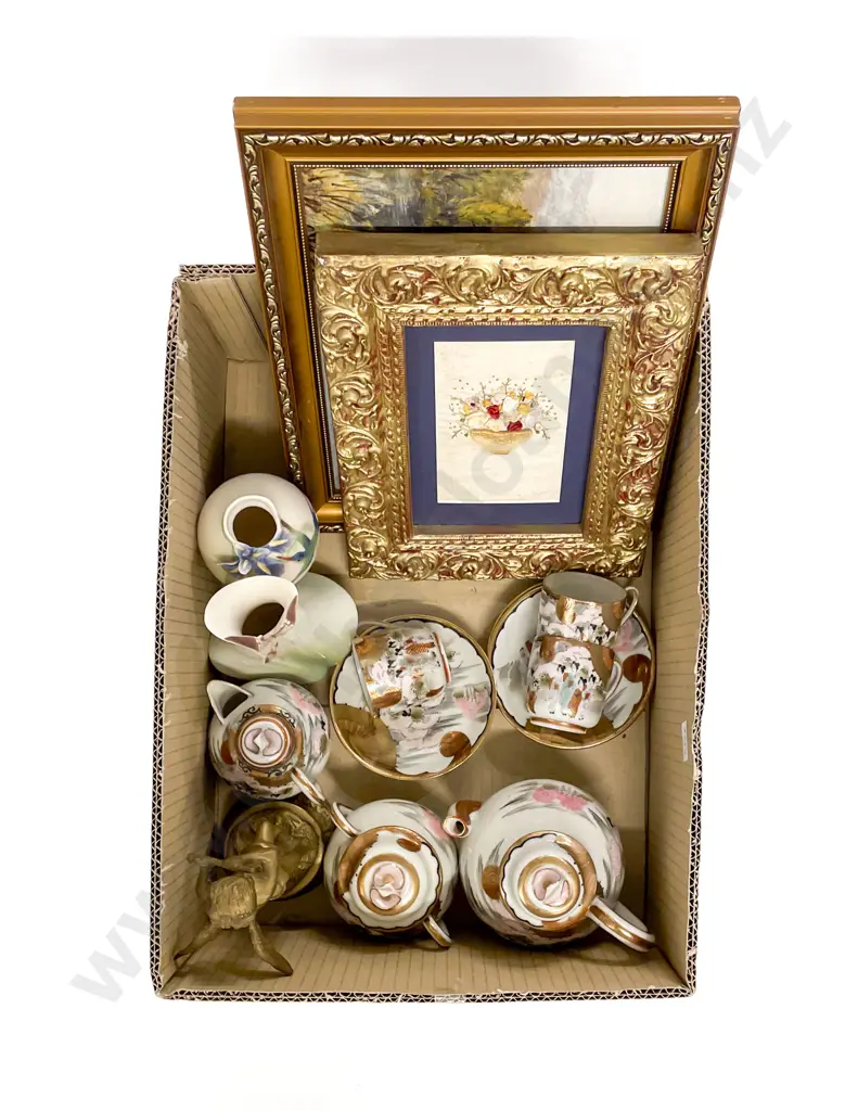 Box Qty of Assorted China Together with Two Decorative Framed Works Image 1++