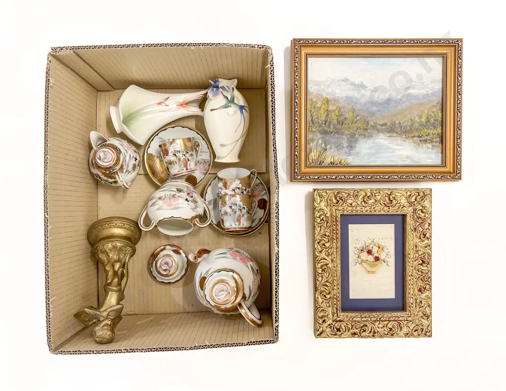 Box Qty of Assorted China Together with Two Decorative Framed Works Image 1++