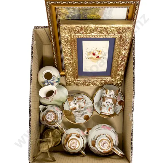 Box Qty of Assorted China Together with Two Decorative Framed Works