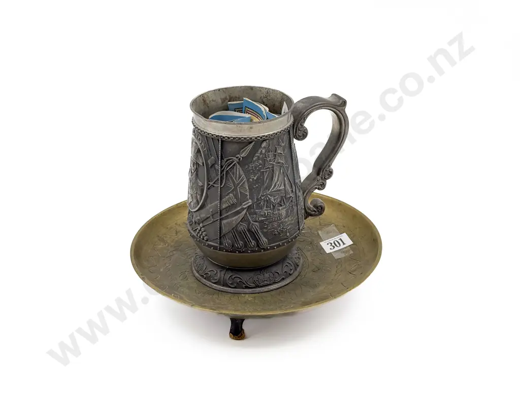 Pewter Tankard Together with Footer Brass Shallow Dish Image 1++