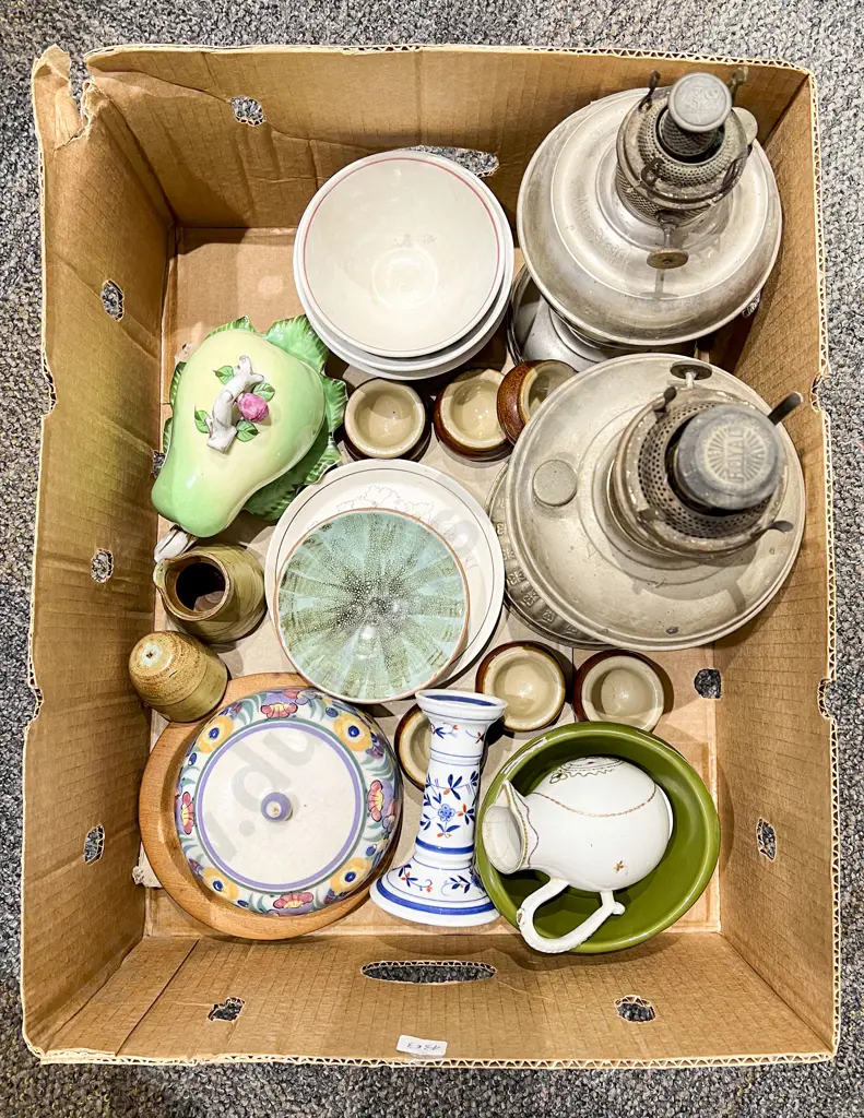 Qty of Assorted China and Stoneware Together with Two Kerosene Lamp Bases Image 1++
