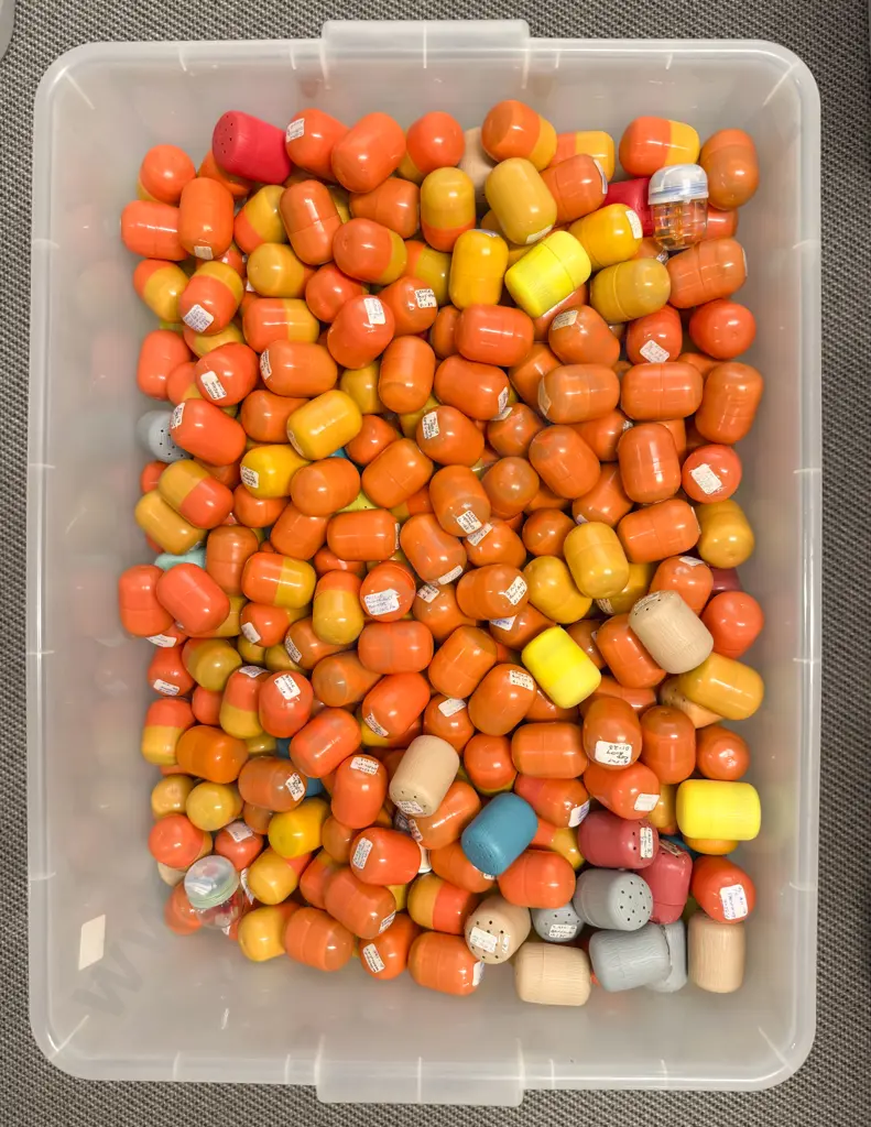 Plastic Storage Bin of Unopened Kinder Surprise Kits Image 1++