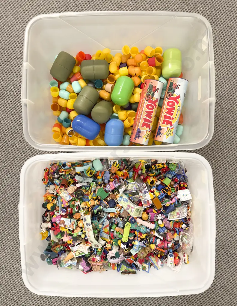 Plastic Storage Bin of Constructed Kinder Surprise Toys Image 1++