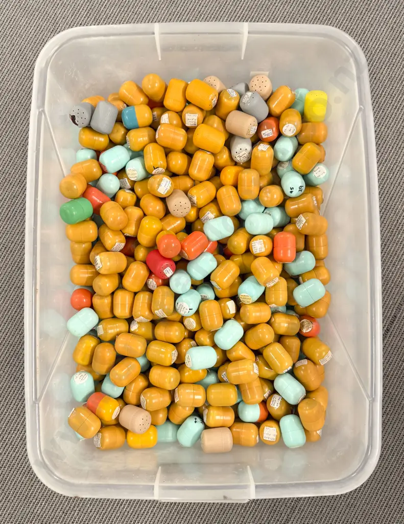 Plastic Storage Bin of Unopened Kinder Surprise Kits Image 1++