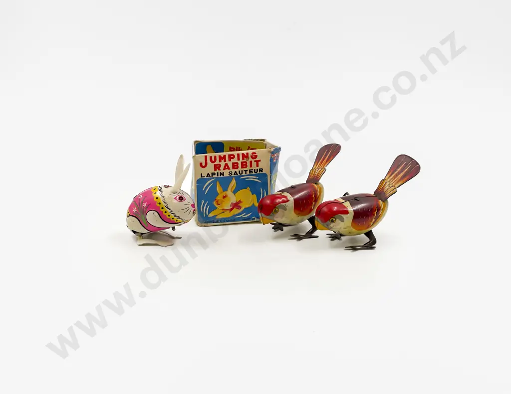 Boxed Tinplate Clockwork Jumping Rabbit and two Hopping Birds Image 1++