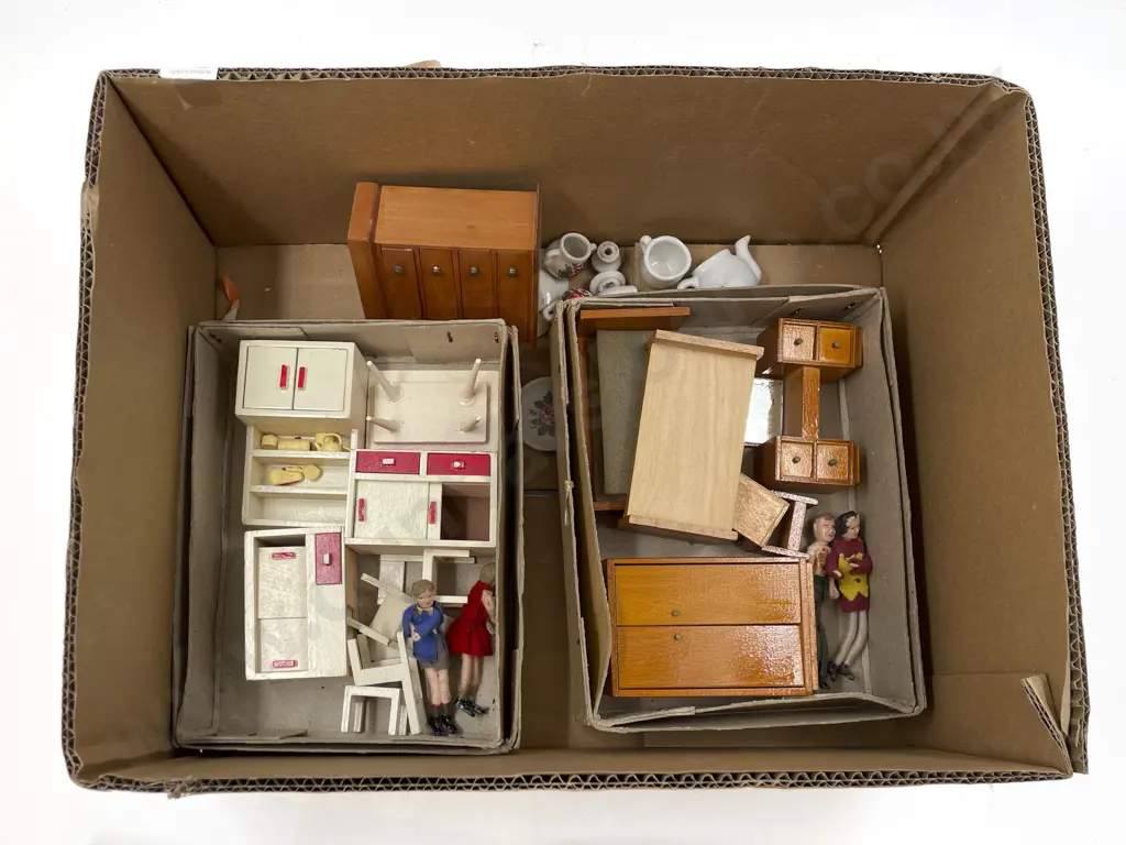 Four Vintage Boxed Wooden Dolls House Room Set and China Teaset Image 1++