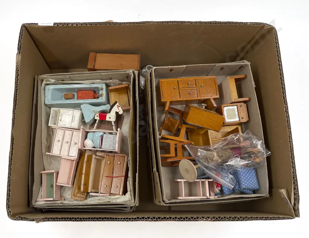 Four Vintage Boxed Wooden Dolls House Room Set and China Teaset Image 1++