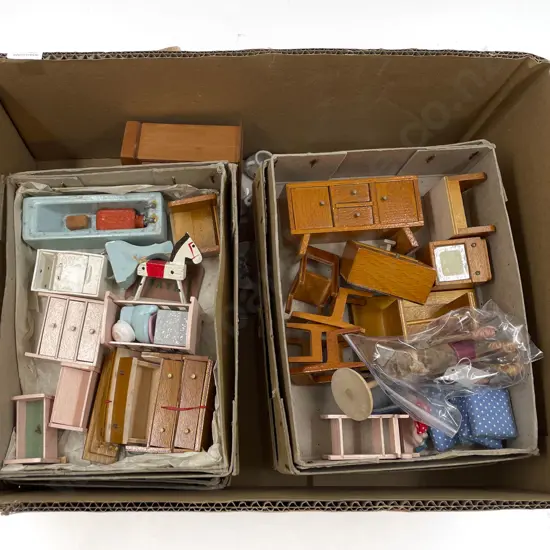 Four Vintage Boxed Wooden Dolls House Room Set and China Teaset