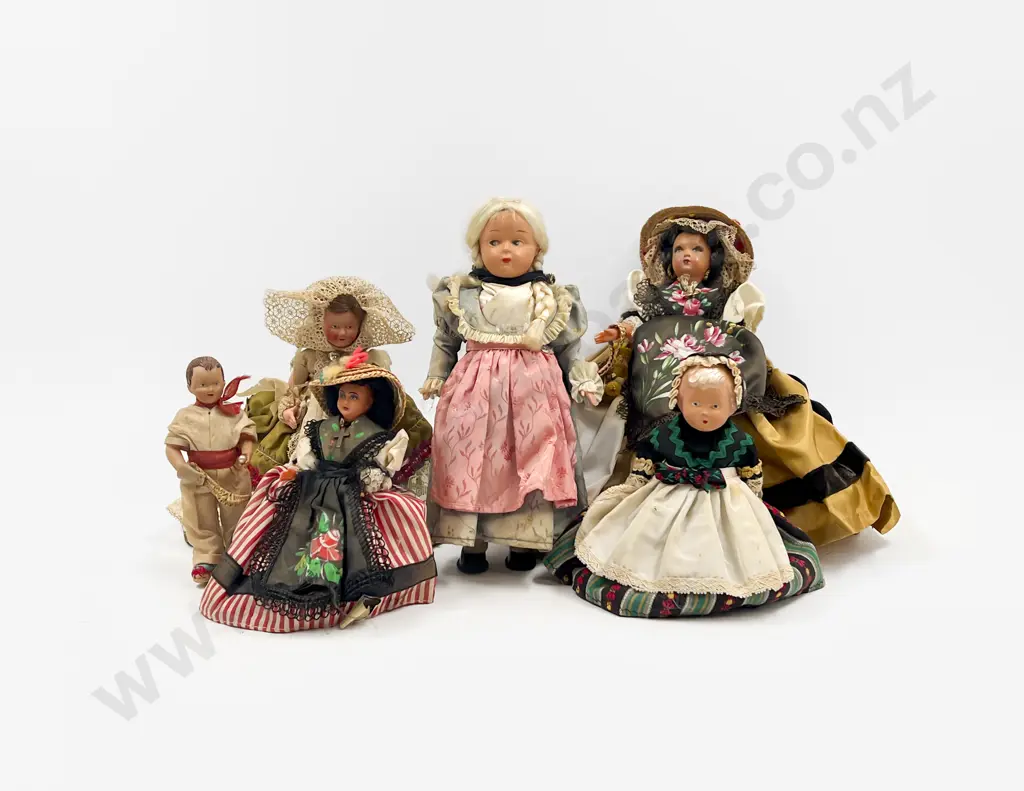 Two German All Moulded Bisque Dolls and Vintage Celluloid Costume Dolls Image 1++