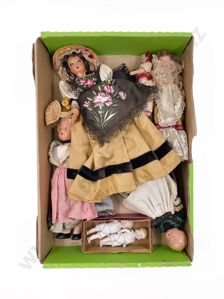 Two German All Moulded Bisque Dolls and Vintage Celluloid Costume Dolls Image 1++