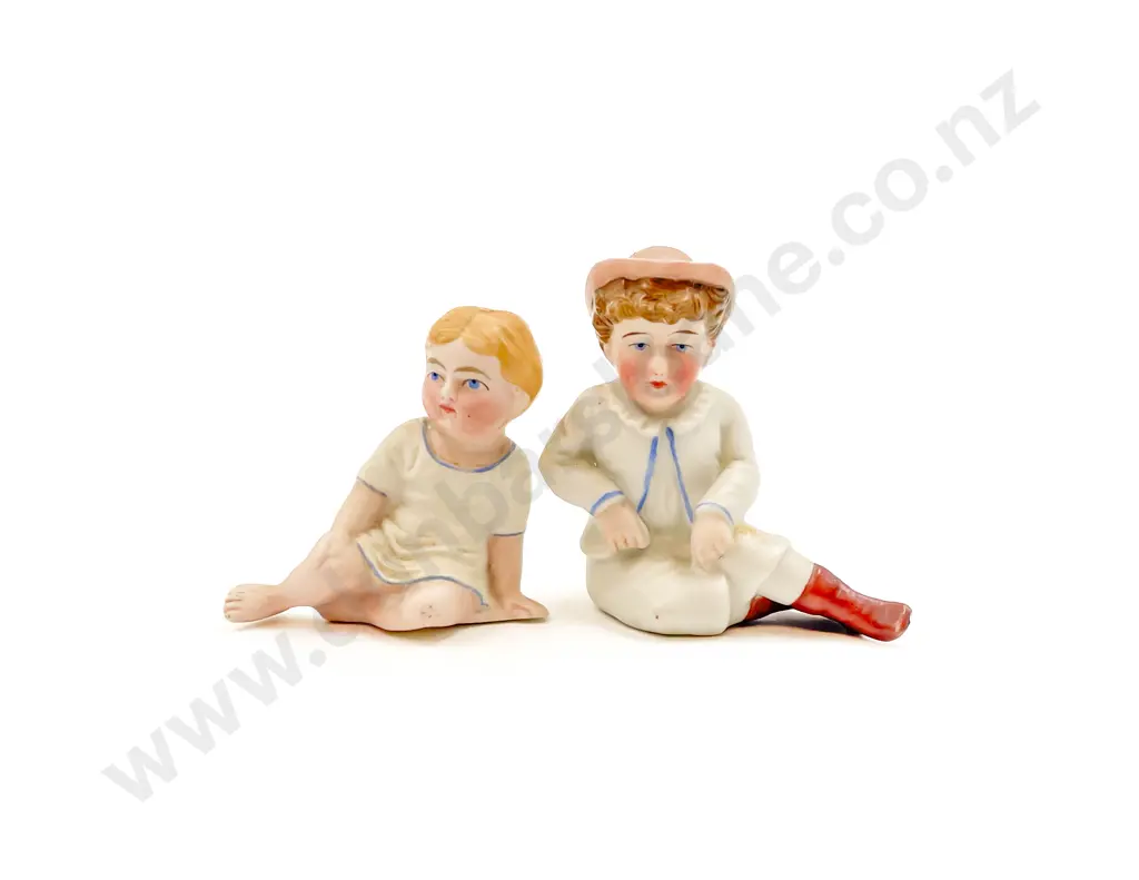 Two German Bisque Small Piano Baby Type Figures and Vintage Celluloid Costume Dolls Image 1++