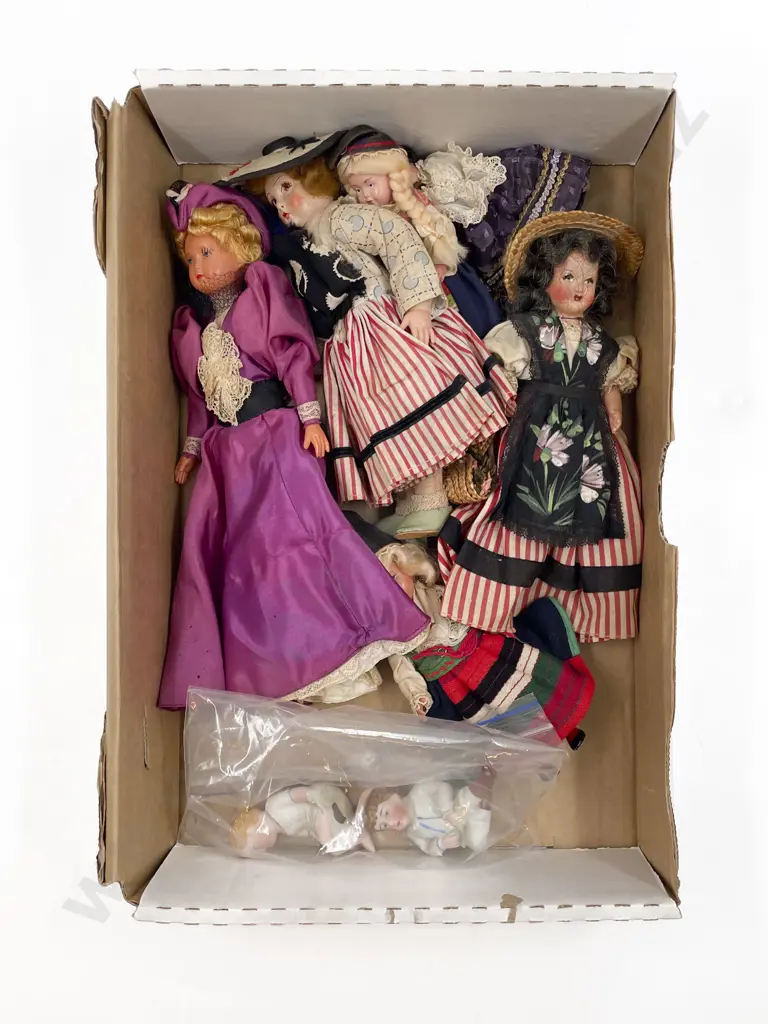 Two German Bisque Small Piano Baby Type Figures and Vintage Celluloid Costume Dolls Image 1++