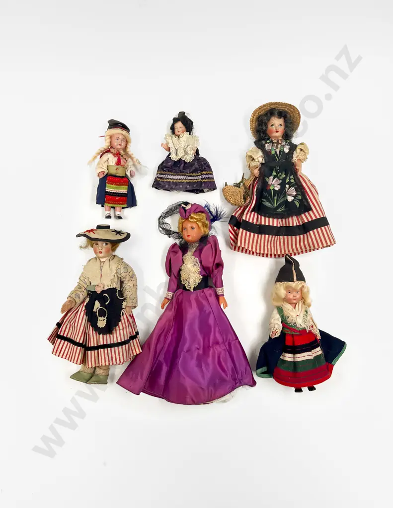 Two German Bisque Small Piano Baby Type Figures and Vintage Celluloid Costume Dolls Image 1++