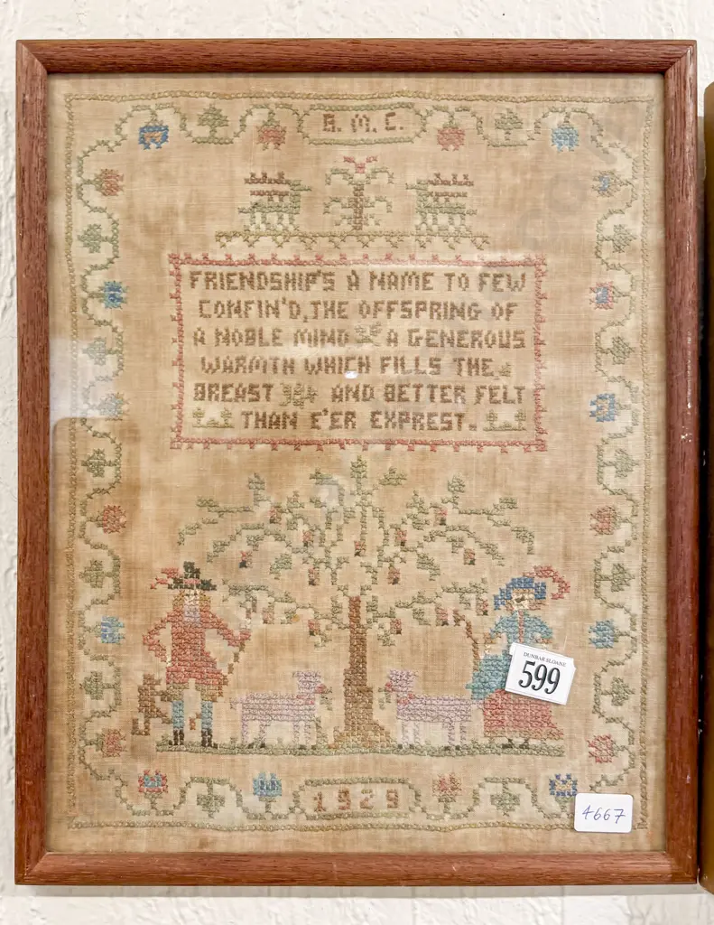 Initialled & Dated 1923 Sampler on Fine Linen Image 1++