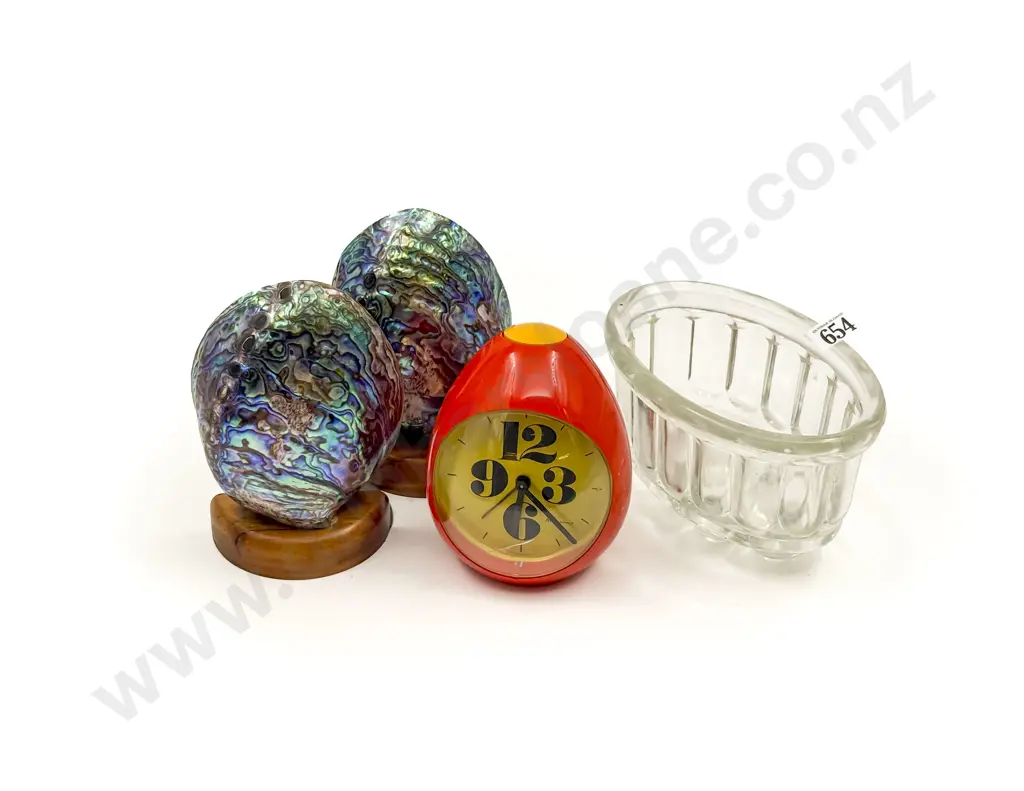 Small Qty of Assorted Including Alarm Clock with Pair of Paua Bookends and Glass Jelly Mold Image 1++