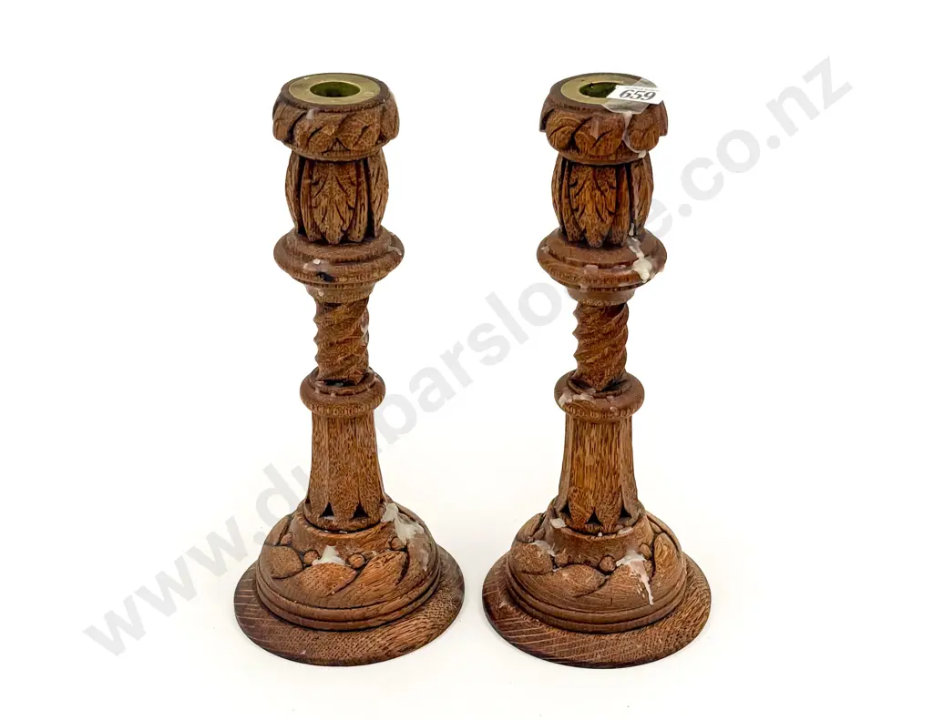 Pair of Ornately Carved Edwardian Oak Candlesticks Image 1++
