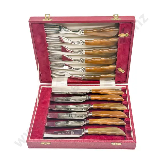 Boxed Horn Handled Cutlery Together with Footed Carnival Glass Dish