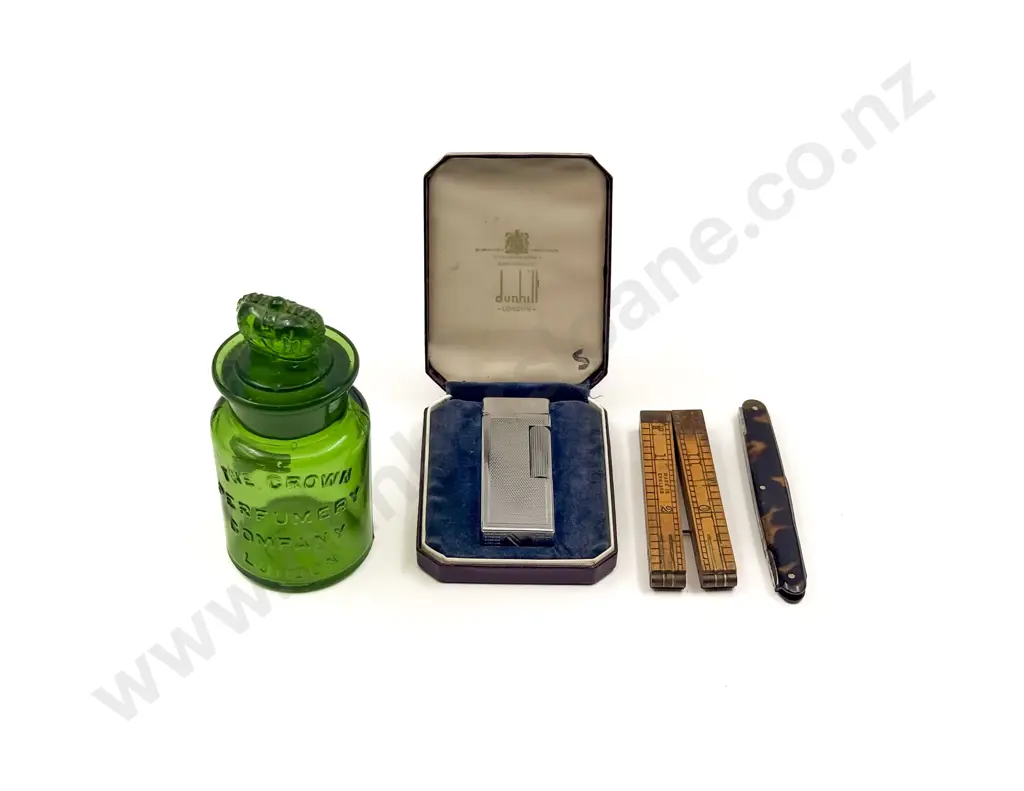 Vintage Cased Dunhill Lighter With The Crown Green Glass Perfume Bottle etc Image 1++