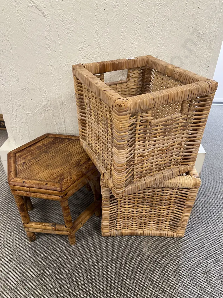 Pair of Wicker Storage Boxes and Hexagonal Plant Stand Image 1++