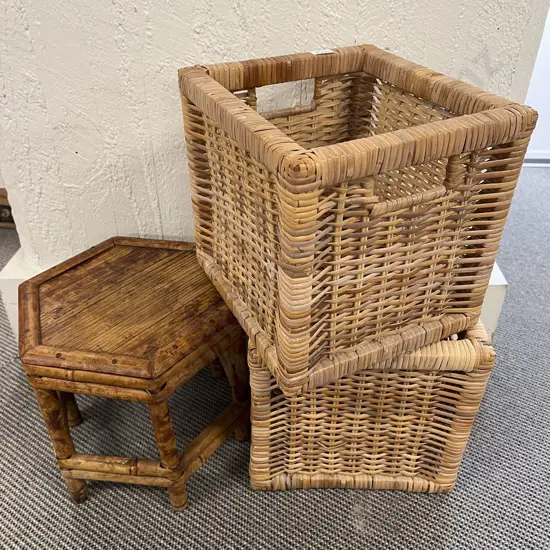 Pair of Wicker Storage Boxes and Hexagonal Plant Stand