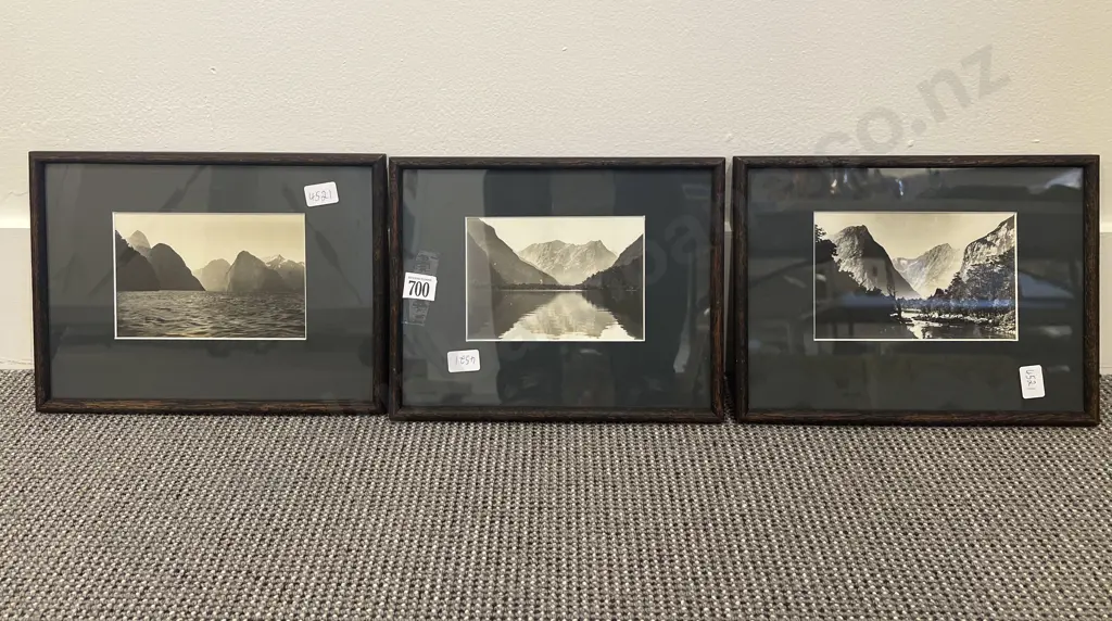 Set of Three Framed Historic Photographs of Milford Sound Image 1++