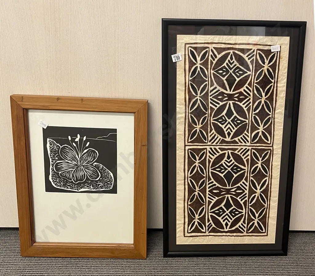 Framed Tapa Together with Unsigned Linocut Print Image 1++