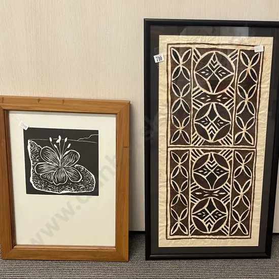 Framed Tapa Together with Unsigned Linocut Print