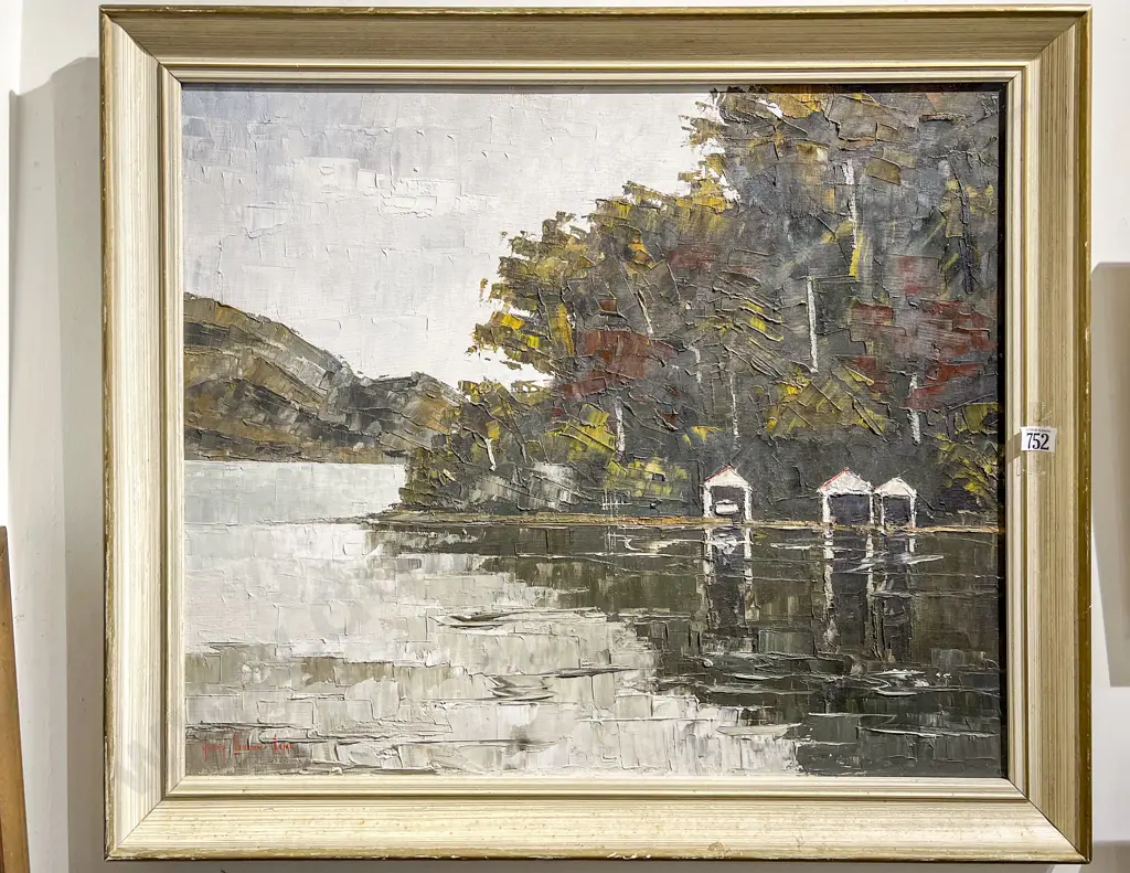 Kerry Landon-Lane - Sounds Boatsheds - Oil on Board Image 1++