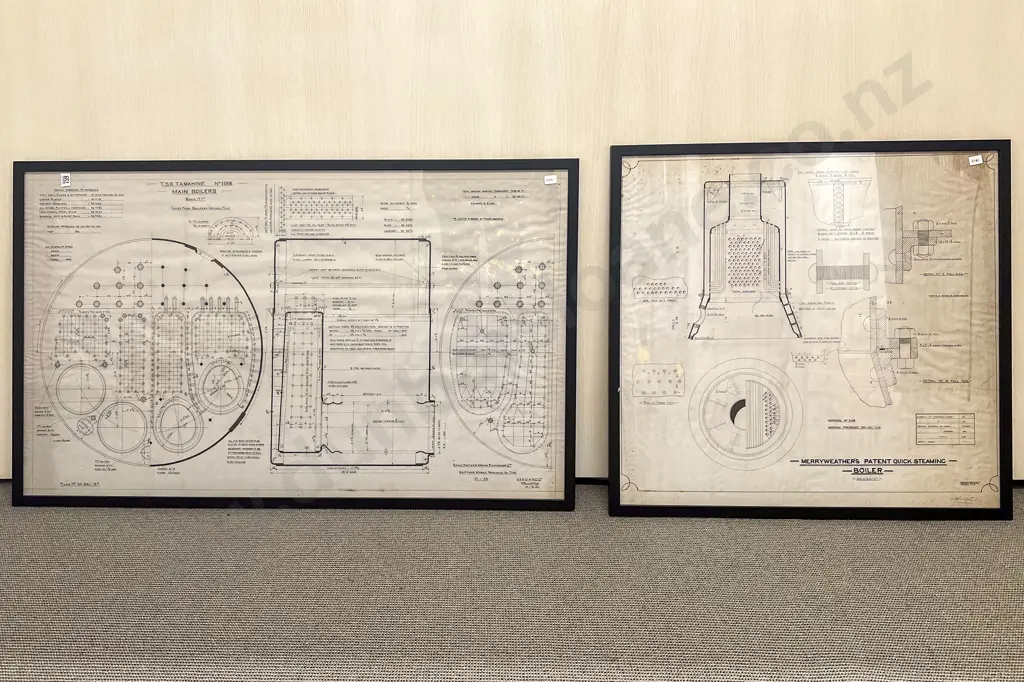 Two Framed Vintage Boiler Blueprints Image 1++
