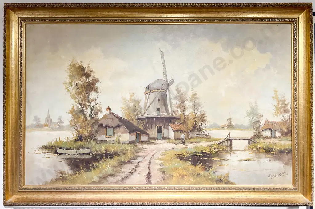W La Grand - Dutch Windmill Scene - Oil on Canvas Image 1++